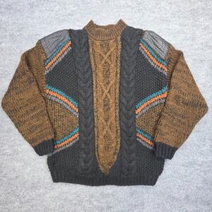 Vintage Street Scenes Sweater Men's Large Brown Black Fisher Knit 3D Leather